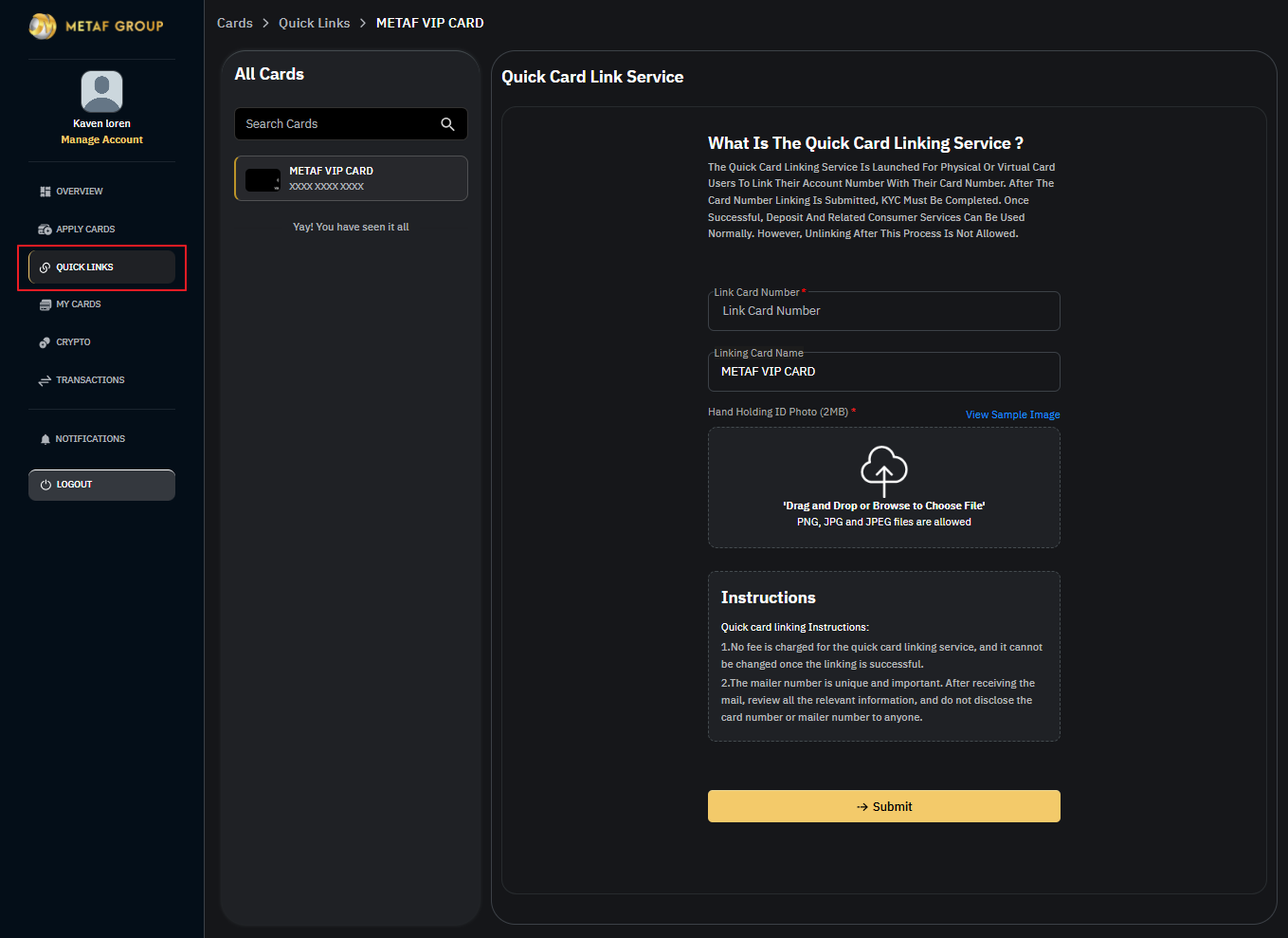 Quick Links screen
